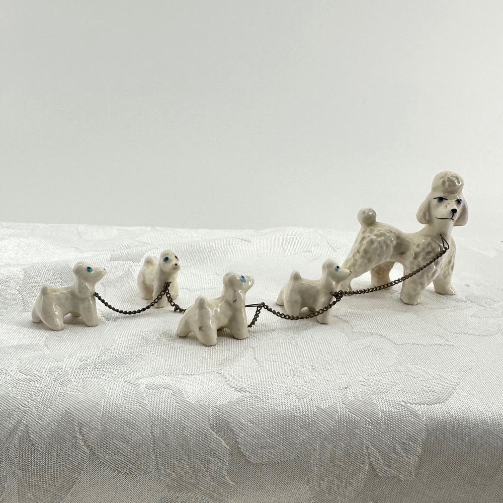 Vintage Poodle Family Ceramic Figurine 50's Mother 4 Puppies on Chain MCM Retro